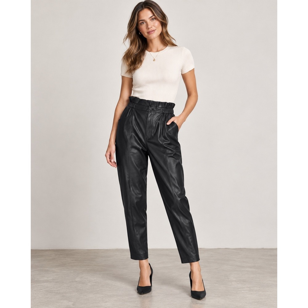 Madewell Faux Leather Pants Womens 8 Black Paperbag High Rise Tapered Edgy SEO